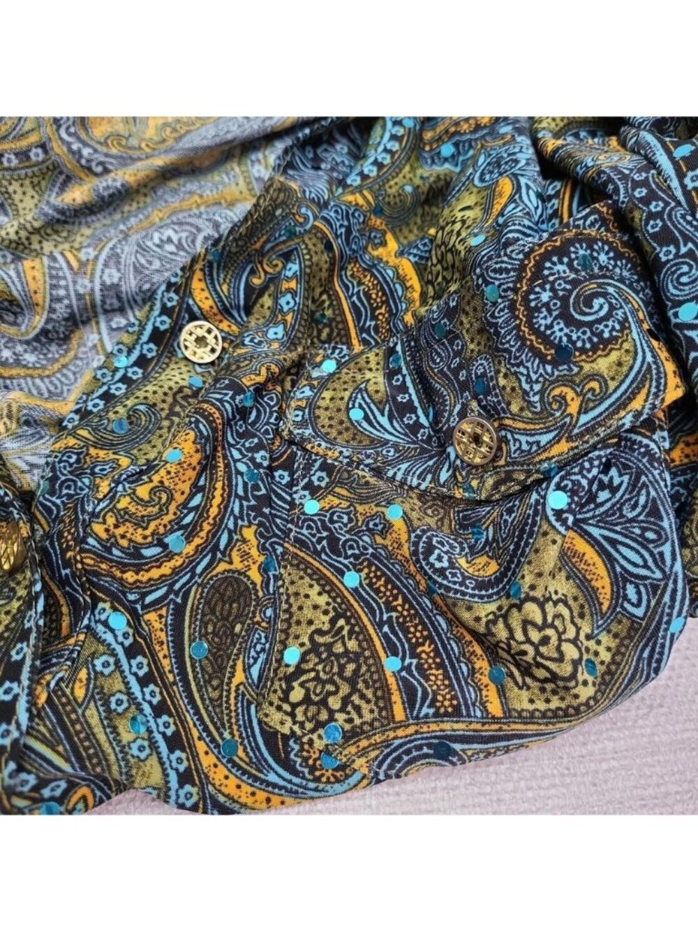 Cathy Womens XL Paisley Tunic Top Blue Teal Gold Boho Roll Tab Sleeve Blouse - Picture 6 of 8